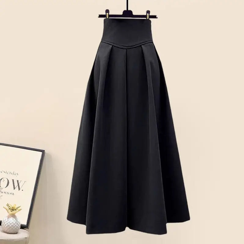 Women's Autumn/Winter New Fashion Waist Jacket Midi Skirt Two Piece Suit Korean Elegant Loose Coat Dress Matching Set Only Skirt