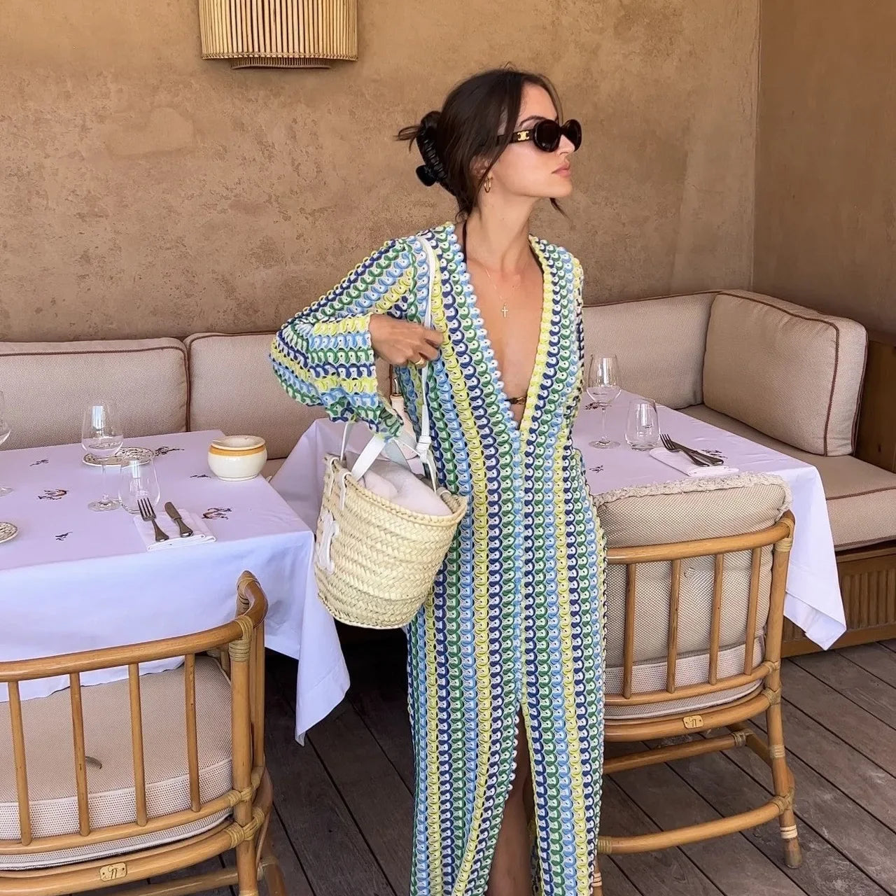 Crochet Colorful Stripe Maxi Dress Women Flare Sleeve V-neck High Split Sexy Long Dresses New Autumn Beach Banquet Vestidos