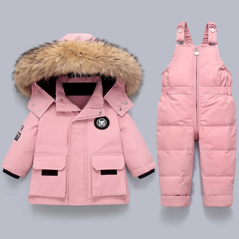 Children Down Suit Winter and Autumn Warm Boy Jacket Natural Fur Collar Baby Girls Snowsuit Coat Kids Parkas Outwear 1-5 Years Pink