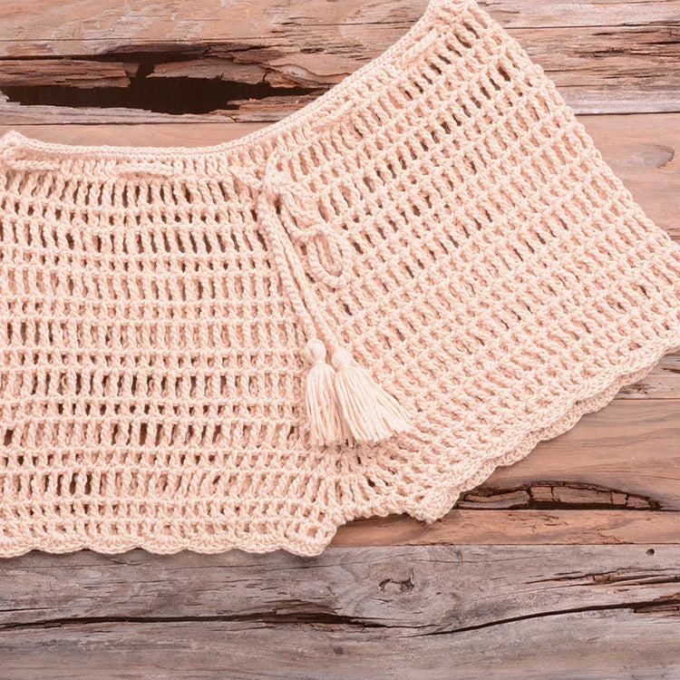 Crochet Hollow Out Tassel Beach Cover Up Sexy Women Mini Tops Beachwear Bikini Swimwear Bathing Suit Cover Up Beige Bottom One Size