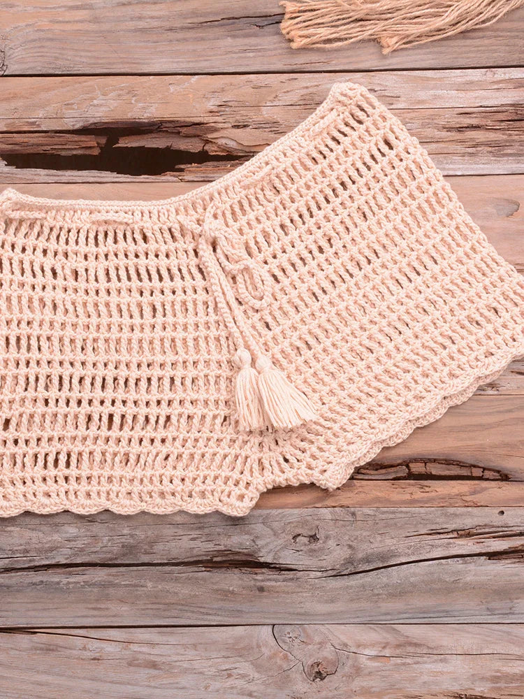 Crochet Hollow Out Tassel Beach Cover Up Sexy Women Mini Tops Beachwear Bikini Swimwear Bathing Suit Cover Up Beige Bottom One Size