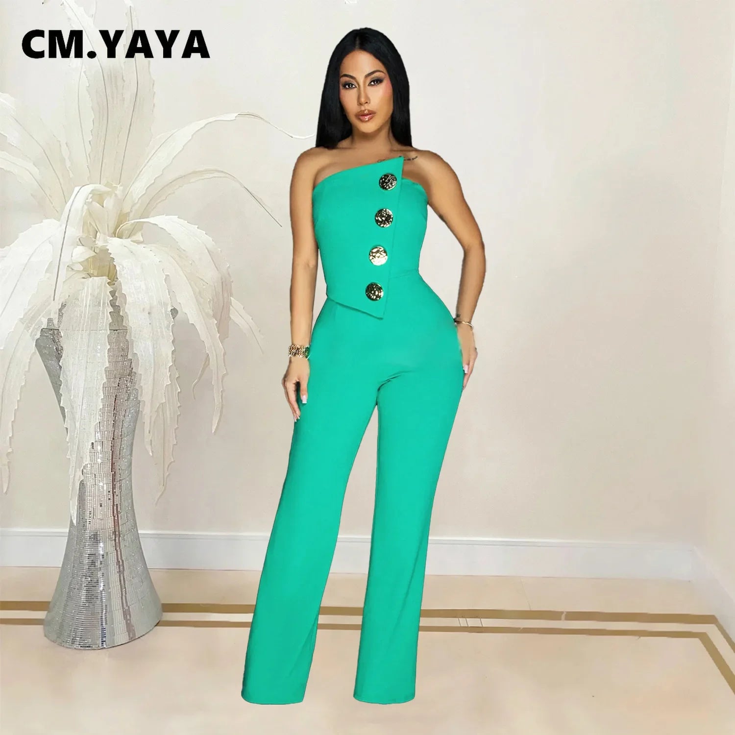 CM.YAYA Women's Elegant Button Strapless Sleeveless Irregular Girl Jumpsuits 2024 Fall Overalls Outfits Night Clubwear One Piece