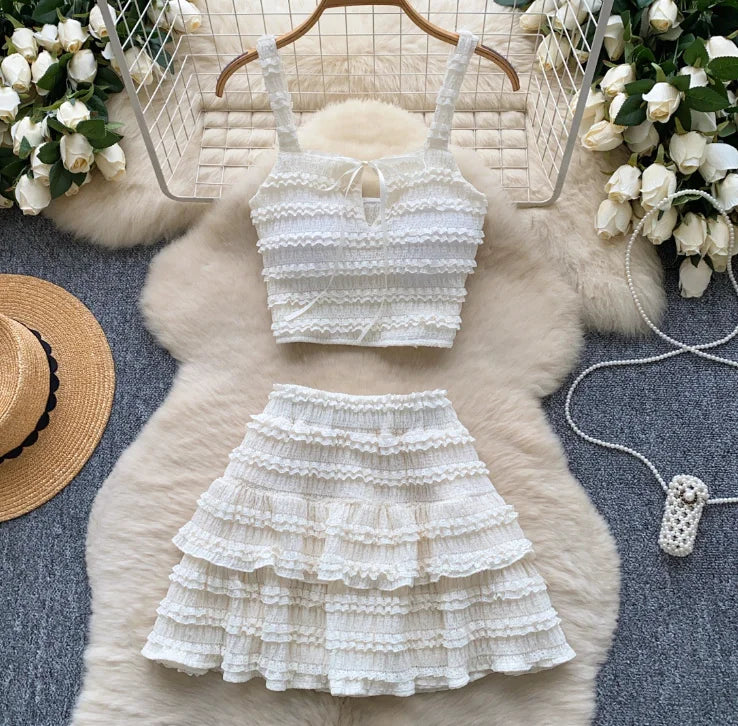 CM.YAYA Beach Boho Women's Set Strap Sleeveless Tank Top and Ruched Mini A-line Skirts Two 2 Piece Sets 2025 Summer Outfits