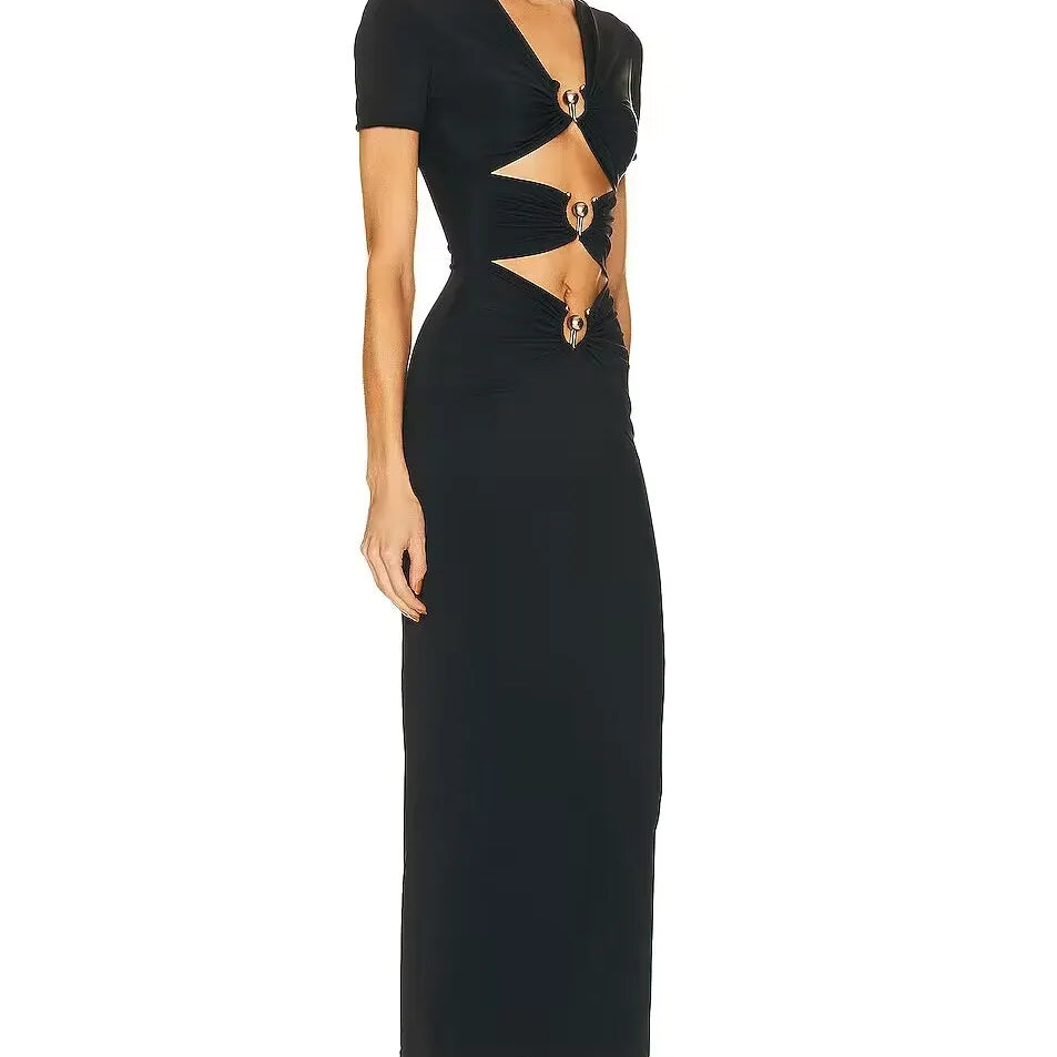 Metal Button Sexy Short Sleeve Hollow Out Tight Bandage 2023 Summer Women V Neck Celebrity Party Elegant Fashion Mid Dresses