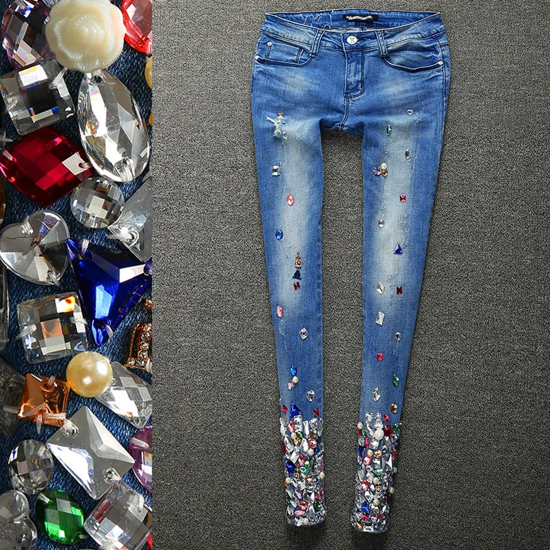 Color Stone Skinny Jean Pencil Pants Woman High Waist Spring Streetwear Blue Color Block Sexy Stretch Denim Trousers Jeans Light Blue