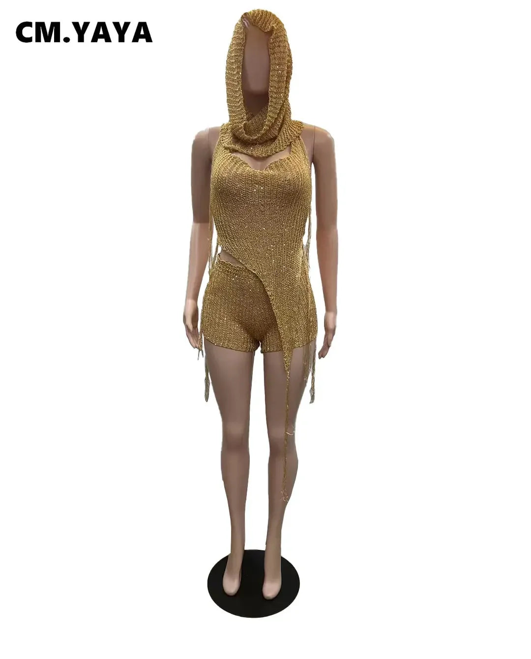 CM.YAYA Knit Ribbed Women's Set Halter Neck Backless Crop Top with Hat Shorts Suit 2023 Summer Two 2 Piece Set Outfit Tracksuit