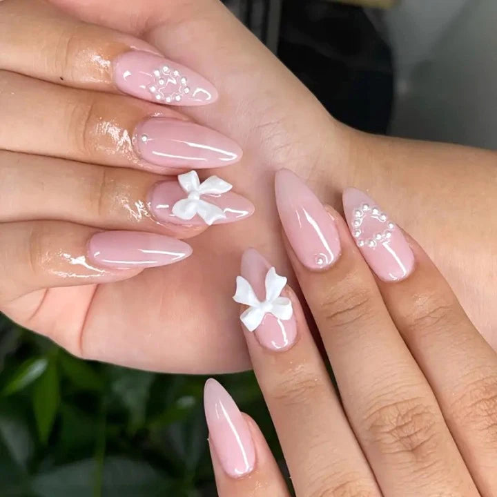 Pink French Style Fake Nails Almond Ballerina Press on Nails 3D Bowknot Designs Nude Color Stick-on False Nails Tips 24Pcs