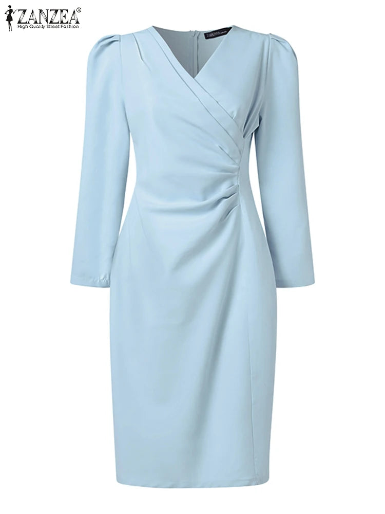 Fashion Bodycorn Dress Spring V-Neck Long Sleeve Sundress Solid Color Pleated Midi Robe Female Elegant Sexy Vestidos