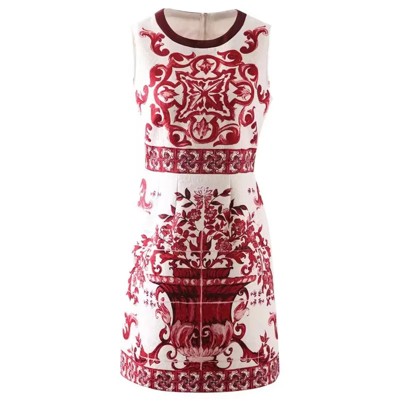 Runway Summer Short Dress Women's O-Neck Sleeveless Yellow Blue And White Porcelain Flower Print Holiday Tank Mini Vestidos