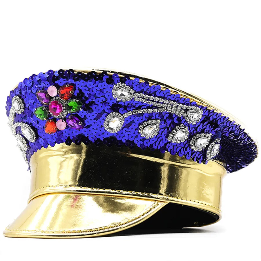 Women Gold Sequin Burning Bride Military Hat Luxury Bridal Captain Sergeant Hat Octagonal Rhinestone Festival Birthday Part Hat 01 56-58CM Adjustable