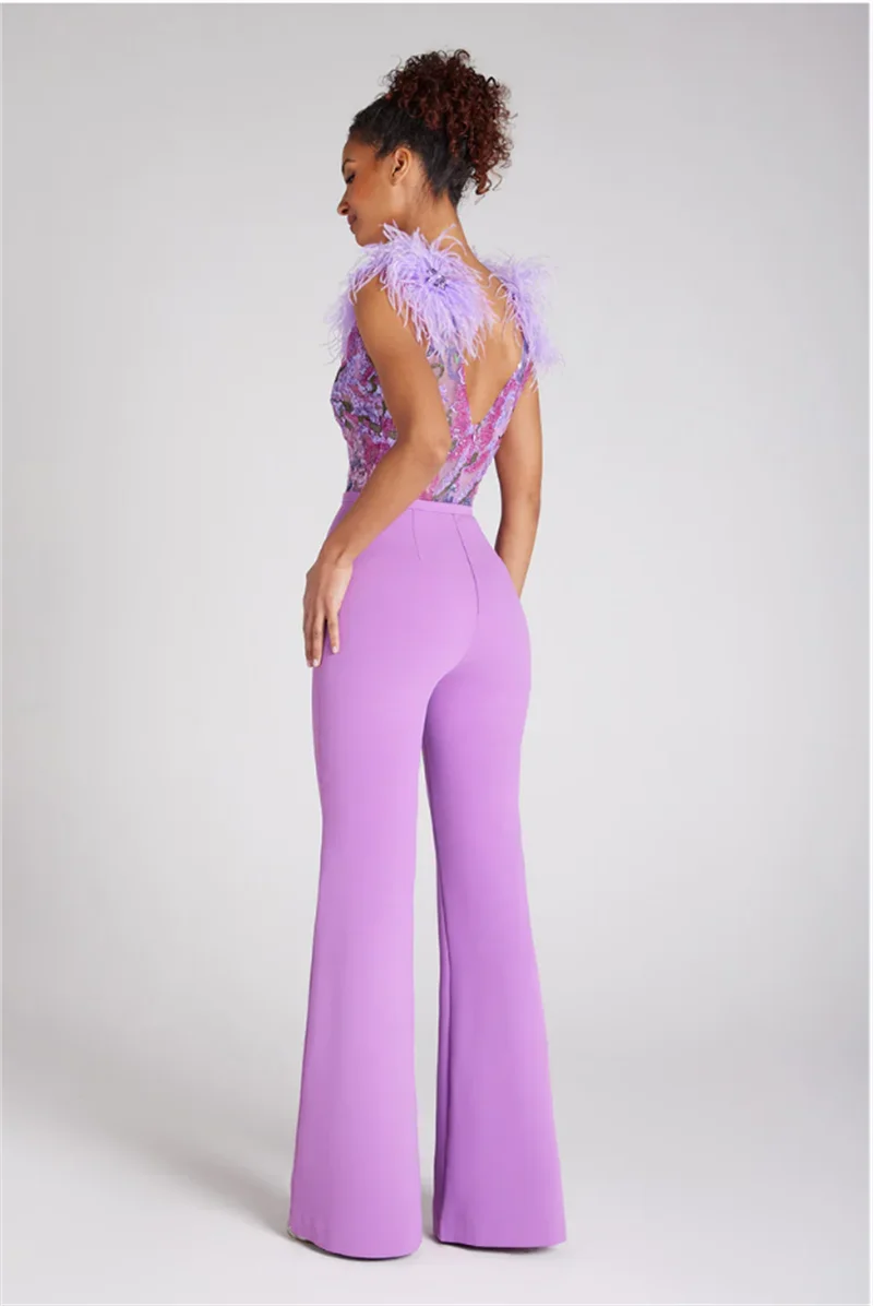 High Quality Gorgeous Feathers Shining Sequins Sexy V-Neck Sleeveless Violet Jumpsuit Graceful Woman Evening Party Outfit