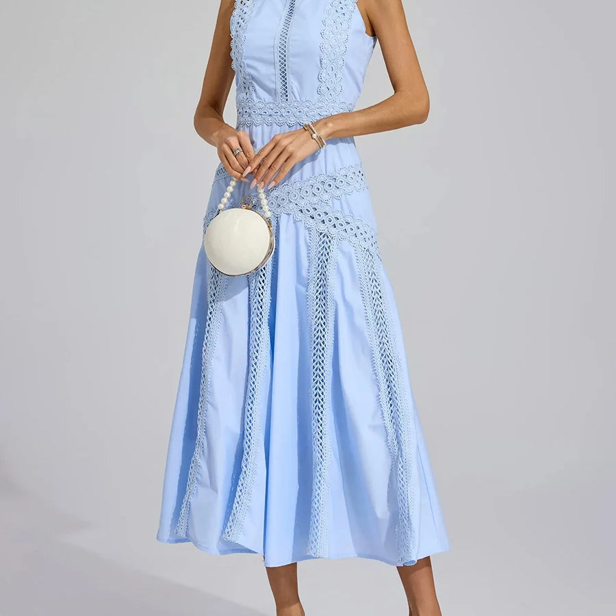 TWOTWINSTYLE Solid Slimming Spliced Hollow Out Dresses for Women Round Neck Sleeveless Patchwork Lace Dress Female Clothing New