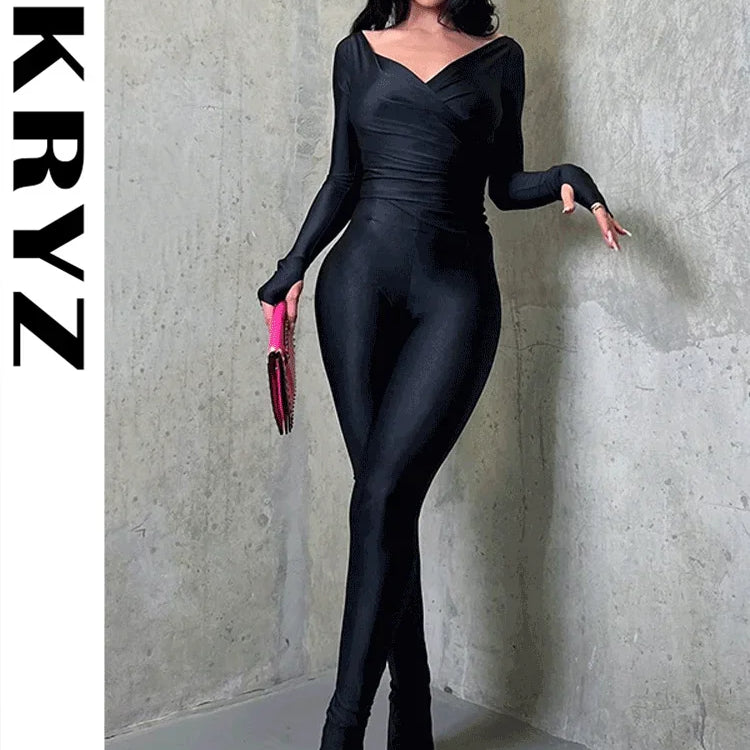 Ladies Off Shoulder Night Clubwear Y2K 2 Piece Long Sleeve V-Neck Folds Tees+Pencil Pants Fashion Club Streetwear Women Outfits