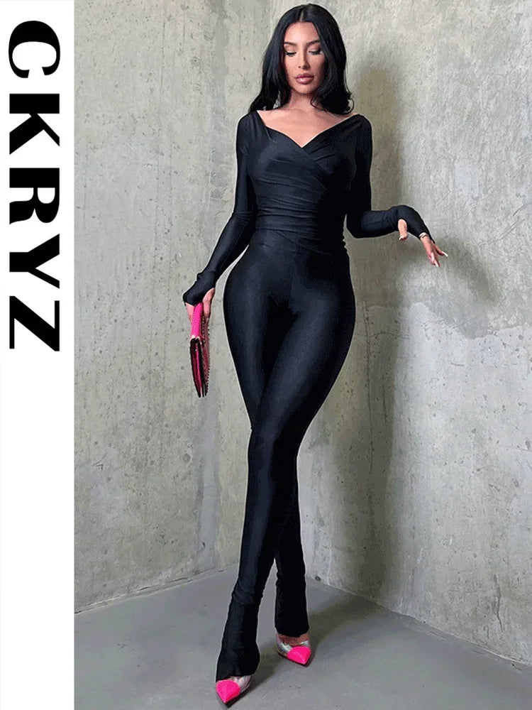 Ladies Off Shoulder Night Clubwear Y2K 2 Piece Long Sleeve V-Neck Folds Tees+Pencil Pants Fashion Club Streetwear Women Outfits