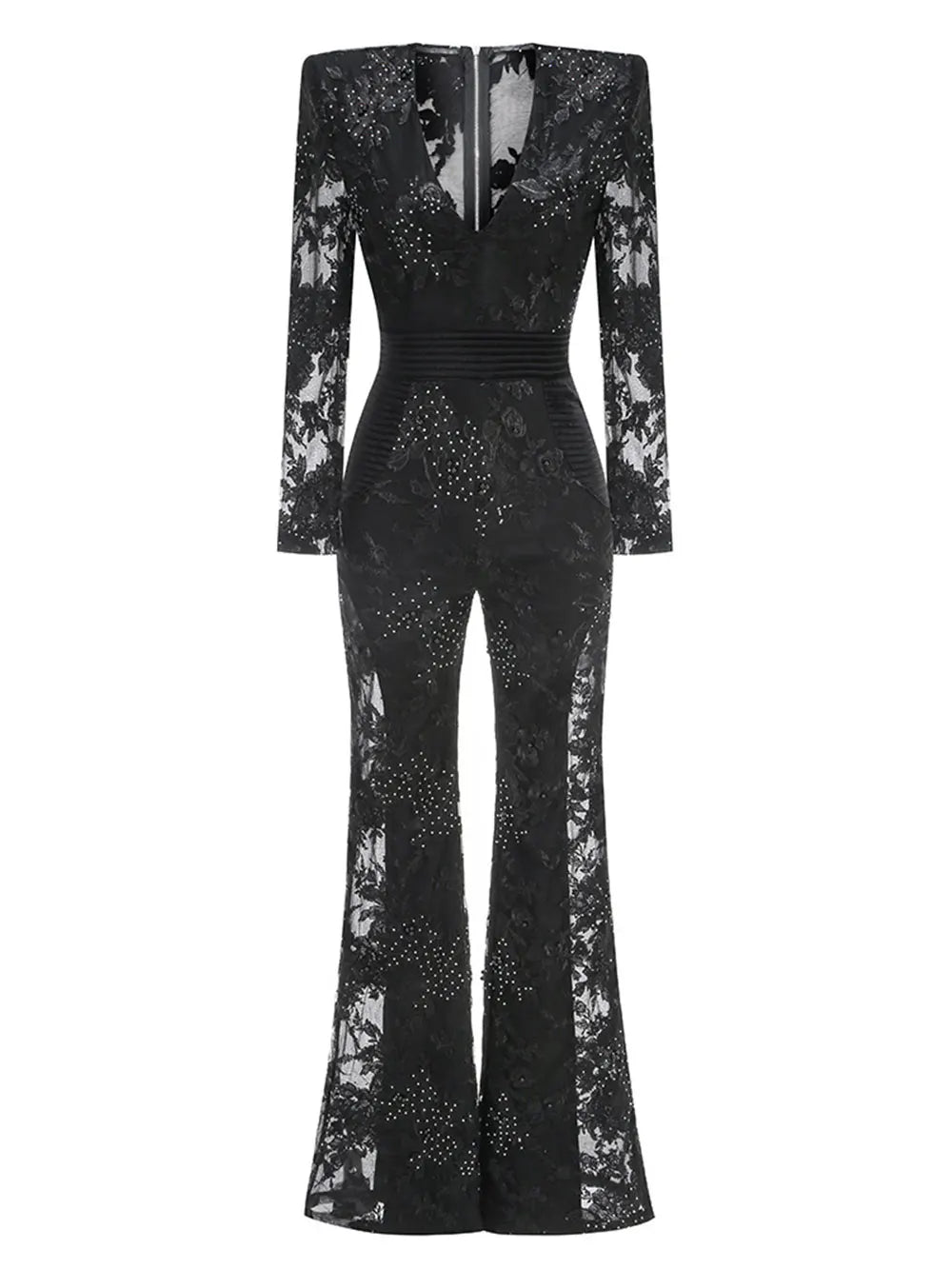 2025 Sexy Women's Light Luxury Embroidered Hot Diamond Patchwork Design jumpsuit V-neck Long sleeved Evening Party Horn jumpsuit