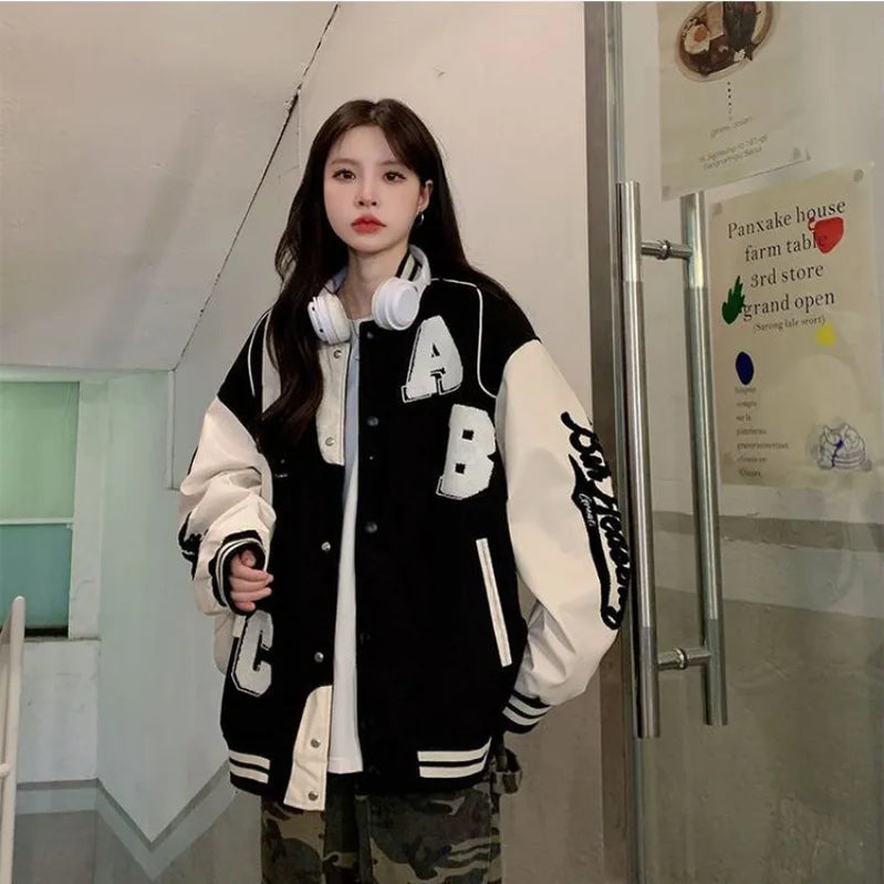 Deeptown Vintage Bomber Jacket Women Harajuku Fashion College Uniform Varsity Baseball Jackets Female Oversized Y2k Streetwear