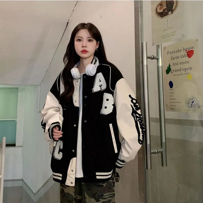 Deeptown Vintage Bomber Jacket Women Harajuku Fashion College Uniform Varsity Baseball Jackets Female Oversized Y2k Streetwear