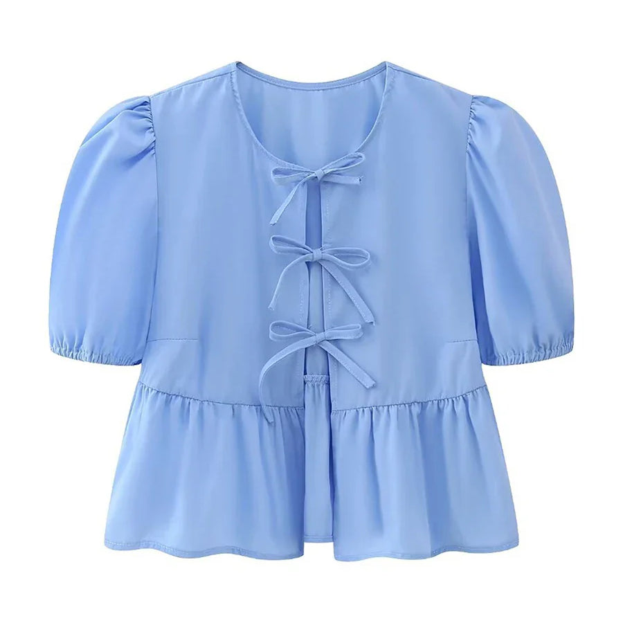 wsevypo Chic Summer Babydoll Shirts Solid/Stripe Short Women's Puff Sleeve Round Neck Tie-Up Front Peplum Blouses Top for Street H