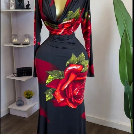 CM.YAYA Women Rose Printed Long Sleeve Pile Neck Bodycon Midi Maxi Long Dress 2025 Summer Birthday Vacation Sexy Party Dresses