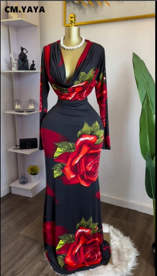 CM.YAYA Women Rose Printed Long Sleeve Pile Neck Bodycon Midi Maxi Long Dress 2025 Summer Birthday Vacation Sexy Party Dresses
