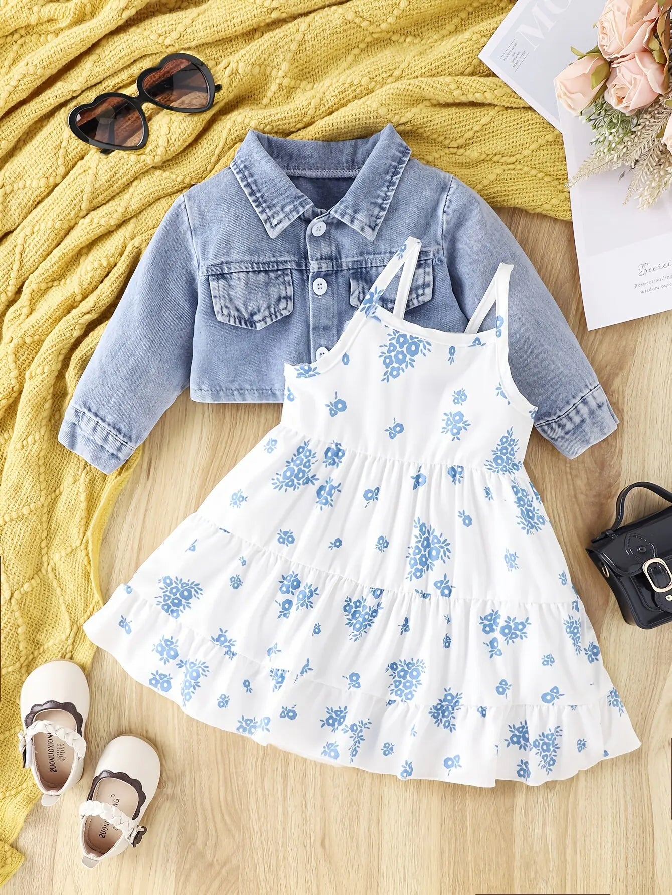 Baby Spring and Autumn Denim Coat Floral + Slip Skirt Two-piece Casual Female Newborn Street Fashion Suit Outdoor Vacation Wear Blue flower