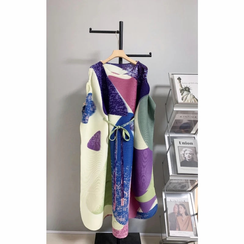 Pleated Shawl Dress Autumn/Summer O-Neck Loose Design A-line Dress Fashionable Long Women's Wear Light Green One Size