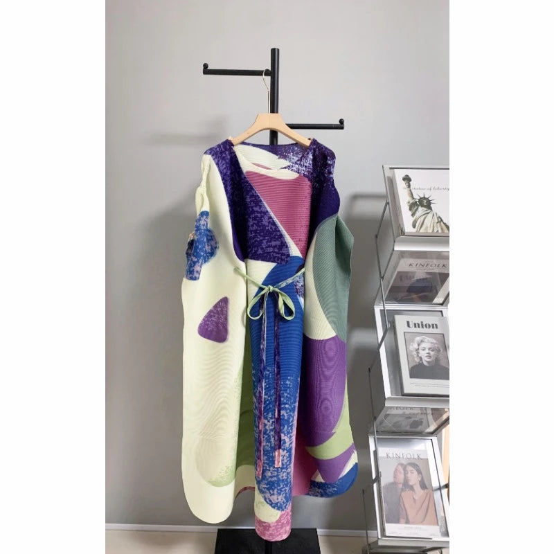 Pleated Shawl Dress Autumn/Summer O-Neck Loose Design A-line Dress Fashionable Long Women's Wear Light Green One Size