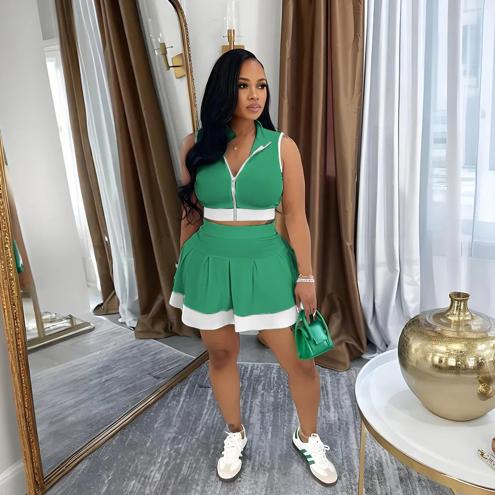 CM.YAYA Women's Set Sleeveless V-neck Vest + Pleated Skirts 2025 Summer Cute Street Beach Two 2 Piece Sets Outfits Tracksuit green