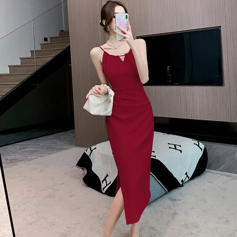 White Hollow Out Sexy Sling Long Dress for Women Korean Luxury Elegant Party Evening Dress Summer Fashion Bodycon Prom Robe Burgundy