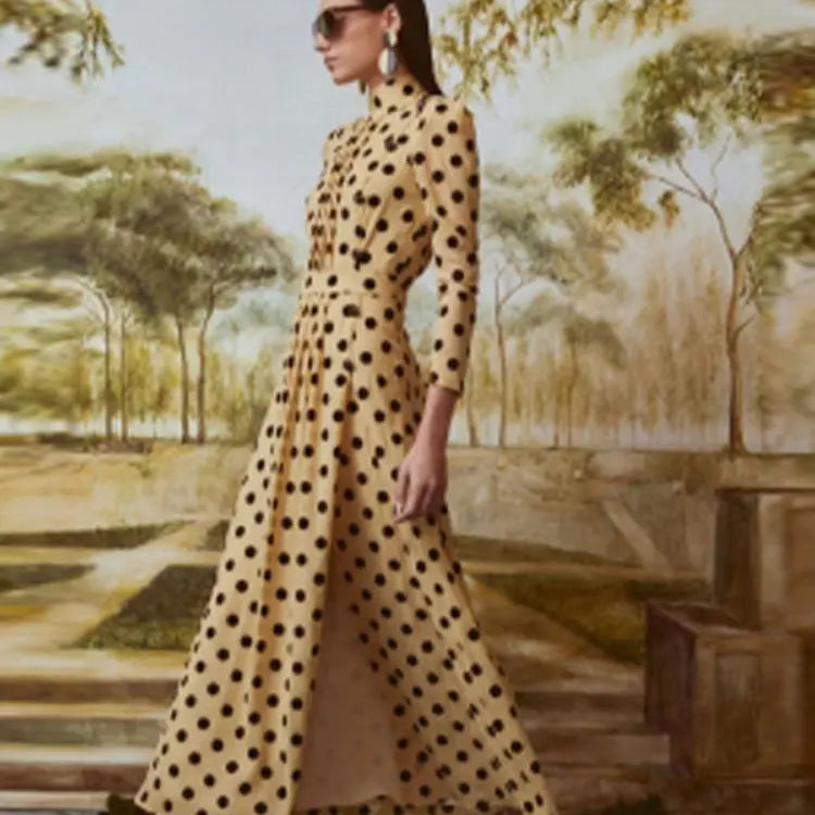 Elegant Polka Dot Printed Women's Slit Maxi Dress Chic Mock Neck Shoulder Pads Backless Robe Spring Female Fashion Vestidos