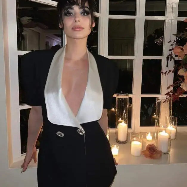 Sexy V Neck Puff Sleeve Back Bow Mini Dress Women Fashion Button Decor Slim Fit Dresses Elegant Female Banquet Vestidos Black