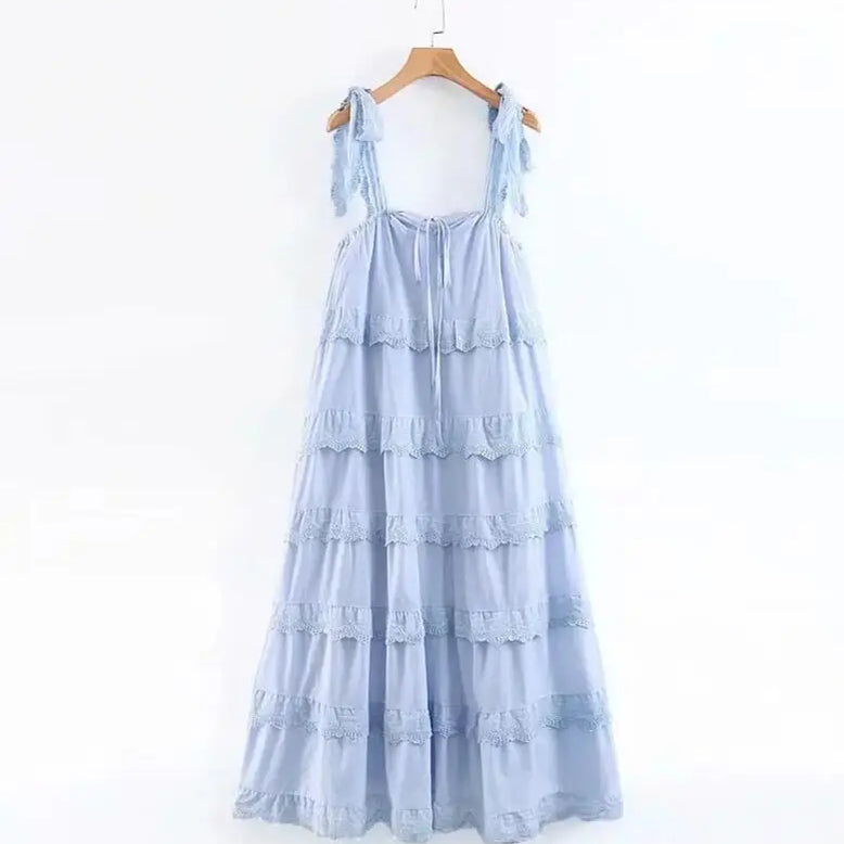 BOHO Stitching Lace Ruffles Tide Bow Spaghetti Strap Dress Ethnic Woman Slash Collar Long Big Swing Cake Dresses Holiay Robe