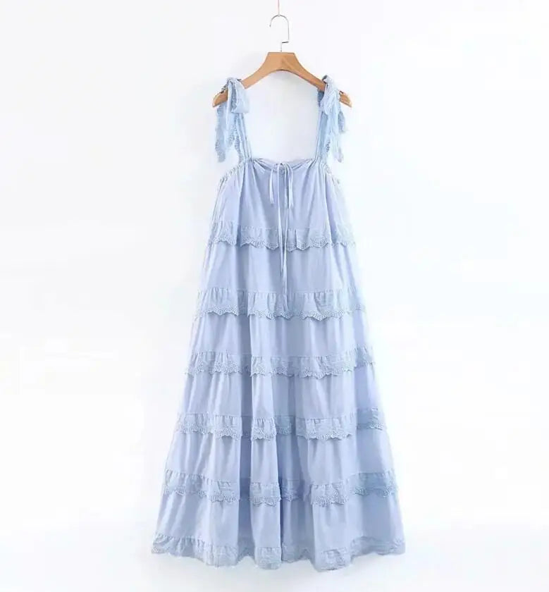 BOHO Stitching Lace Ruffles Tide Bow Spaghetti Strap Dress Ethnic Woman Slash Collar Long Big Swing Cake Dresses Holiay Robe