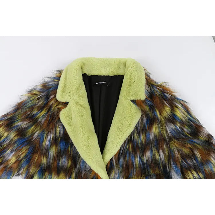 Winter Long Colorful Thick Warm Colorful Hairy Shaggy Patchwork Faux Fox Fur Coat Women Fluffy Furry Overcoat