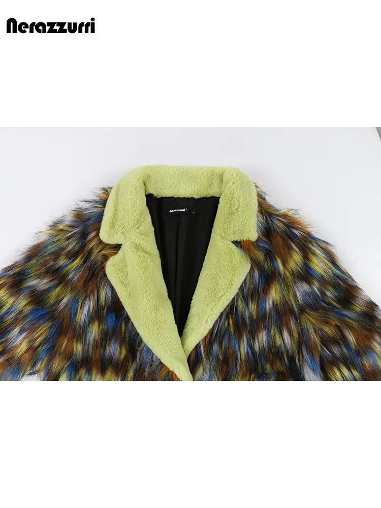 Winter Long Colorful Thick Warm Colorful Hairy Shaggy Patchwork Faux Fox Fur Coat Women Fluffy Furry Overcoat