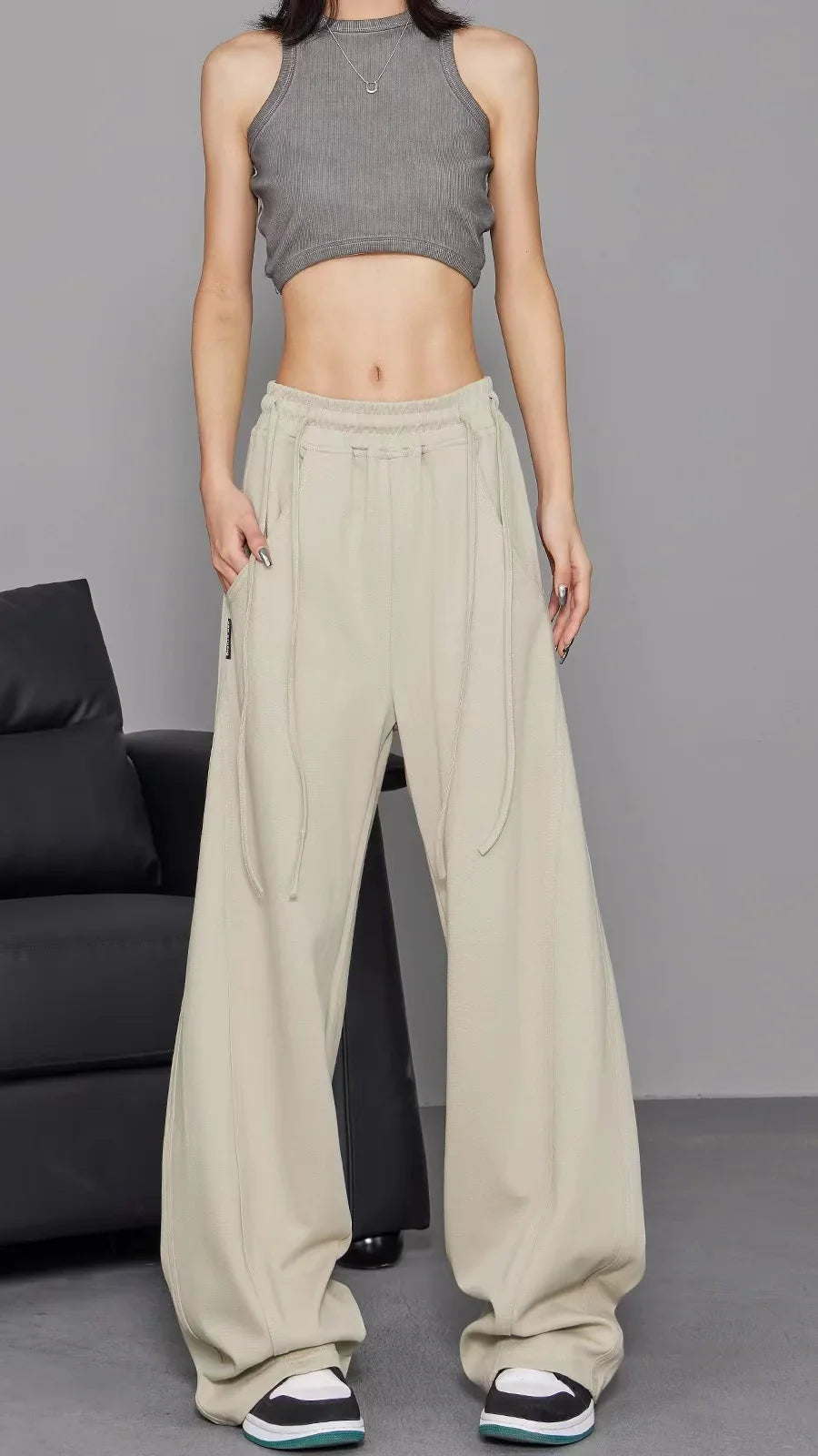 Women's Y2K Wide Leg Elastic Waist Drawstring Baggy Pants Casual Daily Joggers Trousers Vintage Street Mopping Sweatpant Beige