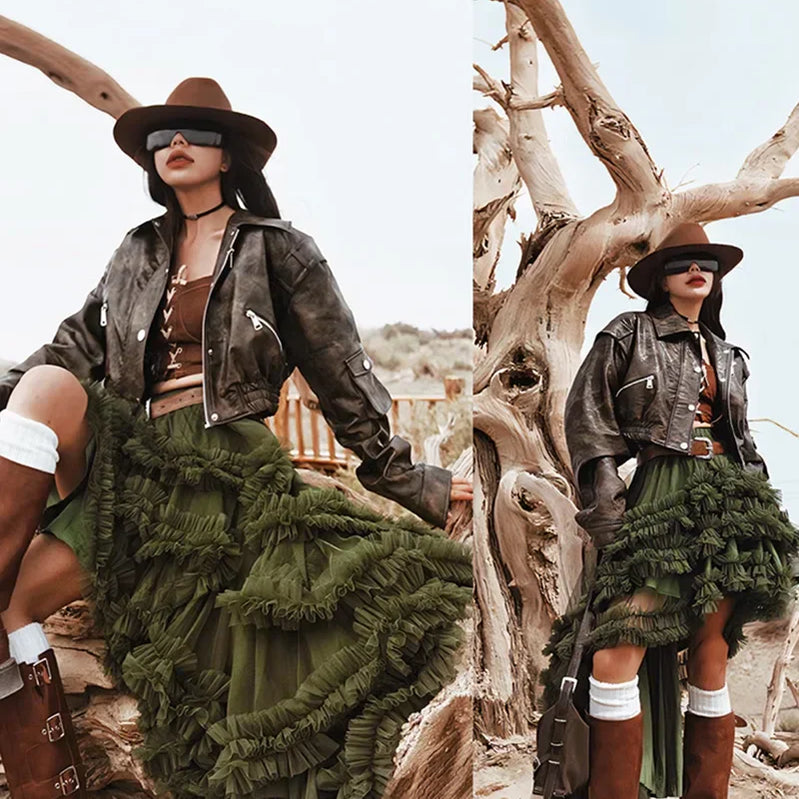 3 Colors Women's Irregular Hem Ball Gown Long Skirt Tulle Ruffles Multilayers Skirt Ladies Fairy Gauze Maxi Skirts Female Outfit