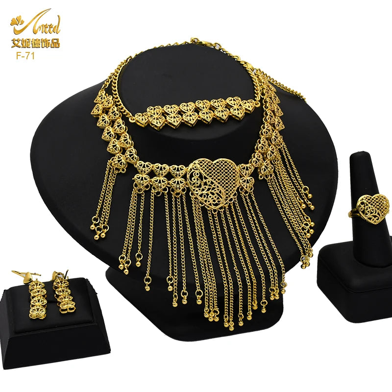 Ethiopian Tassel 24k Gold Plated Jewelry Sets For Women Arabic Wedding Indian Bridal Dubai Necklace And Earring Set Gifts F-71