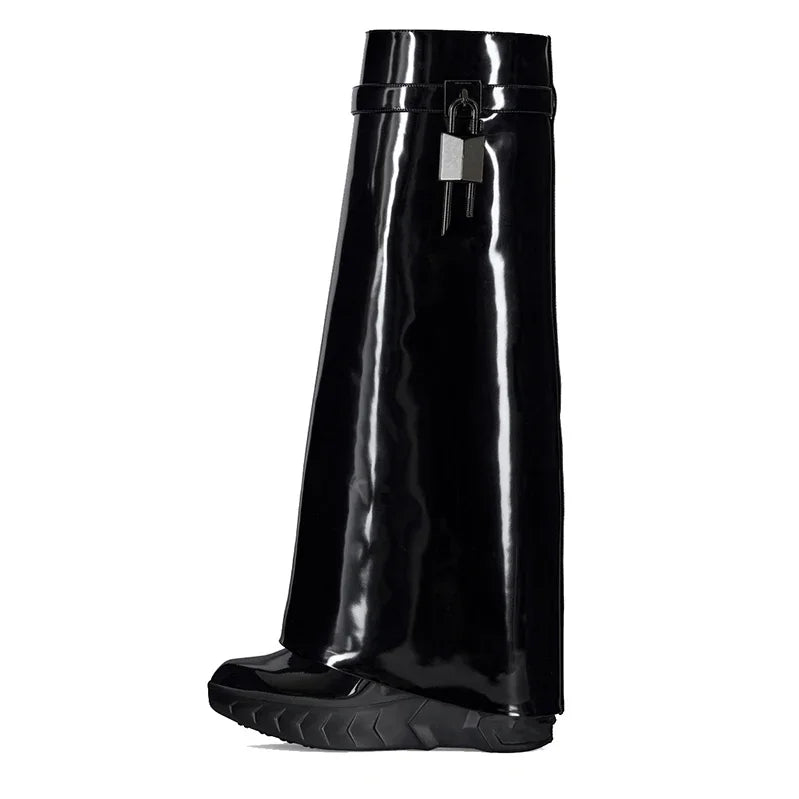 Leather Metal Padlock Woman Knee Length Boots Black Pink Slope Heel Autumn Winter Skirt Boots Size 35-43 Women Shoes 8062Patent leather21