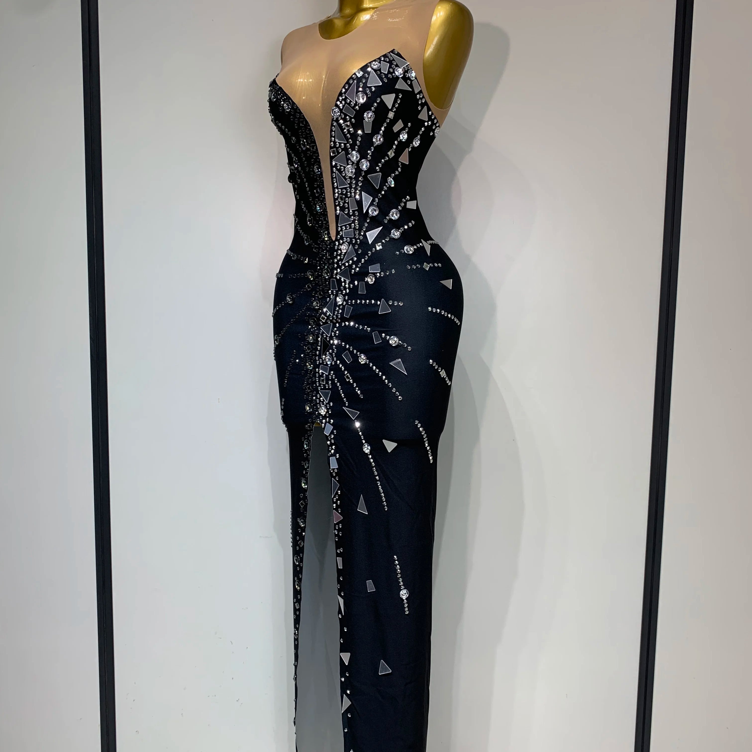 Vestido preto com patchwork e strass, com lentes de laço, vestido longo para festa, comemoração, baile de formatura, palco, festival