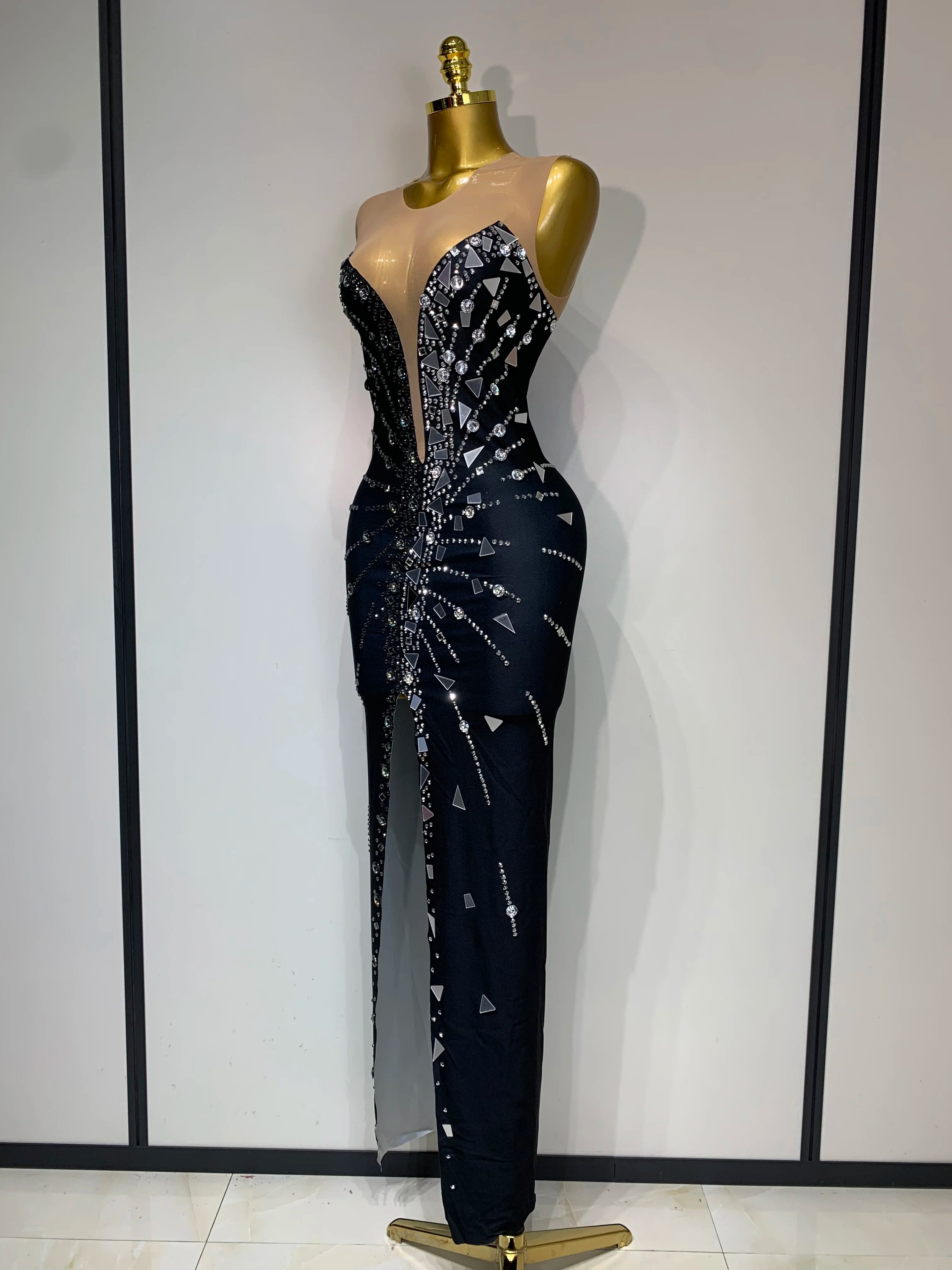 Vestido preto com patchwork e strass, com lentes de laço, vestido longo para festa, comemoração, baile de formatura, palco, festival