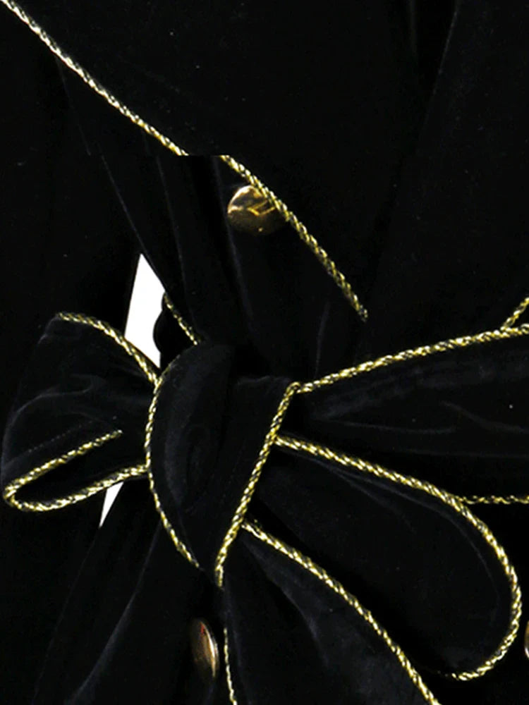 Spring Autumn Long Black Velvet Trench Coat for Women with Gold Trim Sashes Double Breasted Luxury Designer Fashion 2022