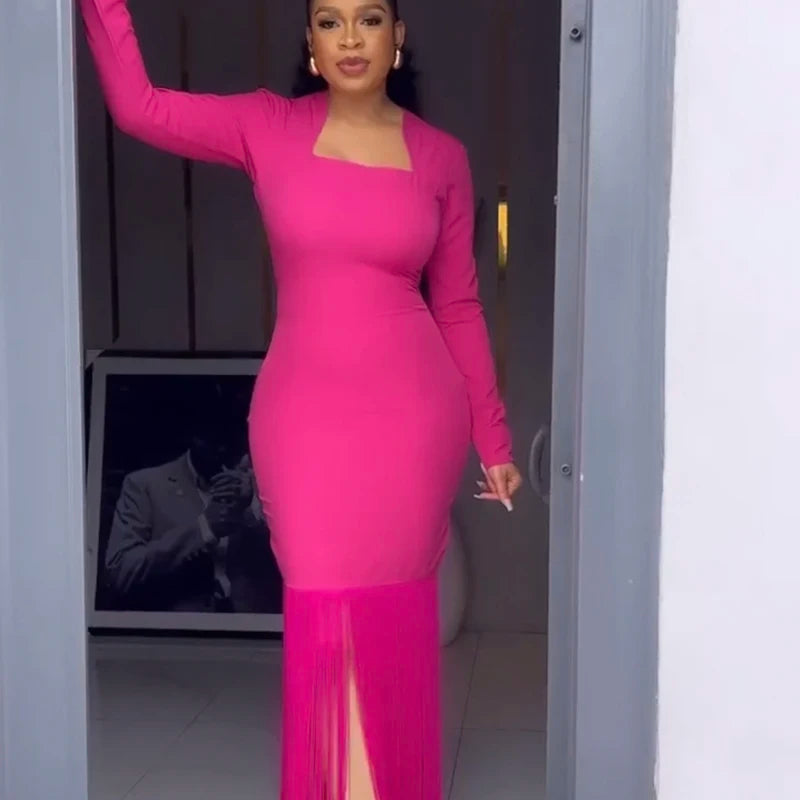 Vestido longo feminino preto rosa com manga comprida, gola quadrada, borlas, justo, bandagem, boate, festa, comemoração