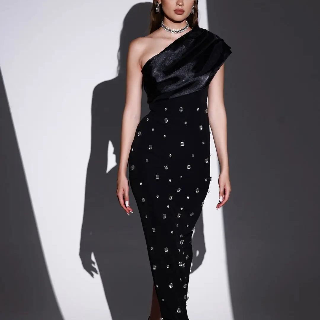 New 2 Colors Shining Diamonds Oblique Shoulder Ankle Length Bandage Dress Graceful Woman Party Dress Celebrity Party Vestido