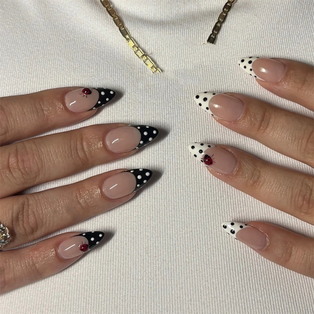 24pcs Simple Almond Press on Nails Set Black White Point French Tip Mid-length False Nails Art Fashion Ladybug Pattern Fake Nail