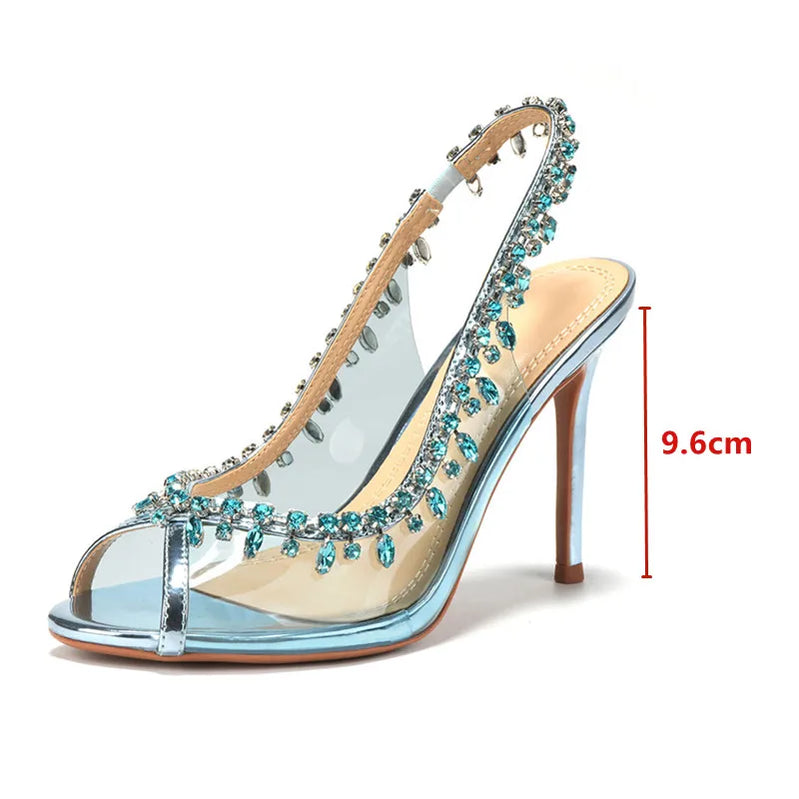 Luxury Crystal Pendant Slingbacks Women Pumps Sexy Peep Toe Transparent PVC Thin High heels Spring Autumn Party Wedding Shoes Sky blue