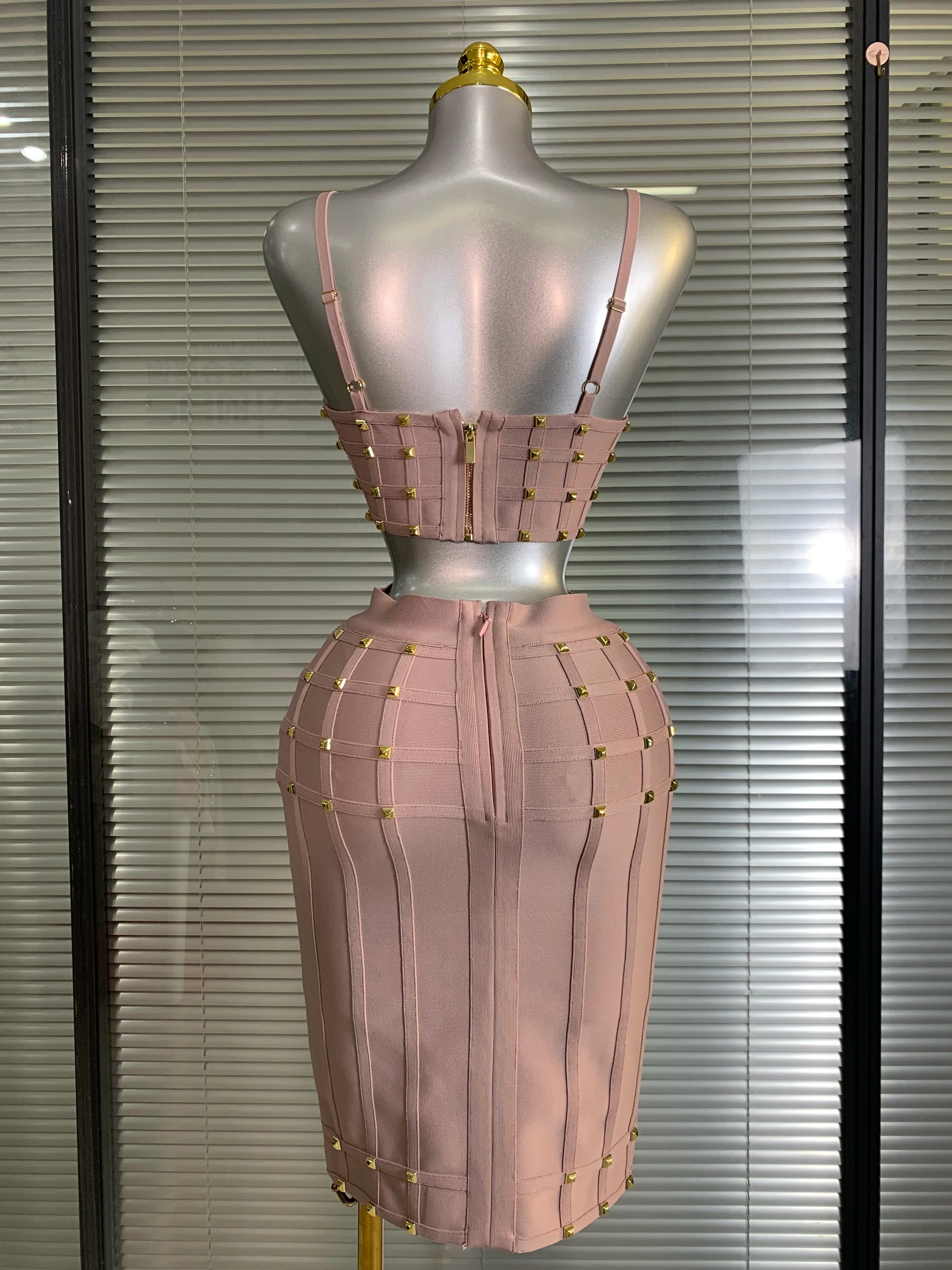 Summer New 2025 Women Sexy Pink Rivet Bandage Two Piece Set Celebrity Evening Party Skirt Suits