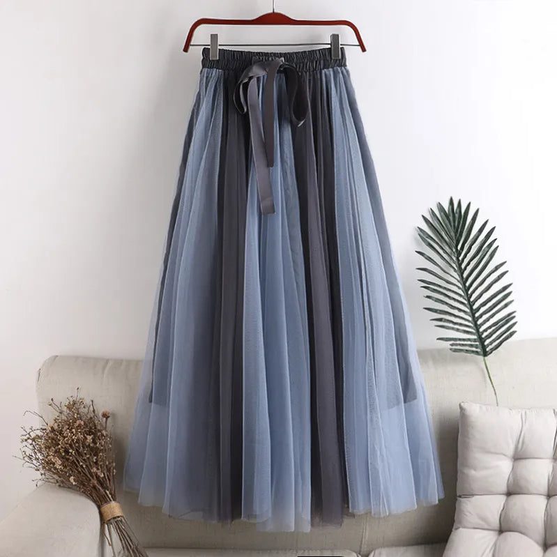 Spring Summer Gradient Color Tulle Skirts Women Fashion Bow Patchwork A-line Skirt Female Long Sweet Party Skirts