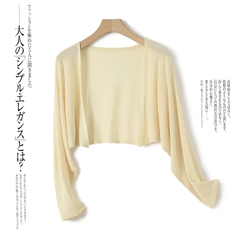 Ice Silk Sun Protection Cover Ups Women Long Sleeve Knitted Shawl Thin Summer Relax Cardigan Cape Outerwear Shirt Loose Freesize Beige One Size