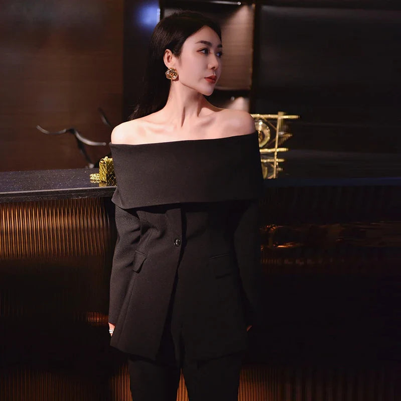TWOTWINSTYLE Slash Neck Chic Blazers For Women Off Shoulder Long Sleeve Patchwork Single Button Solid Coat Female Clothes 2022 Black